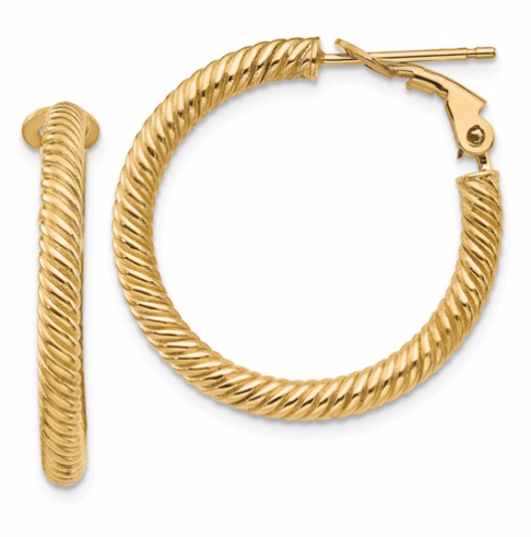14k 3x20mm Twisted Round Omega Back Hoop Earrings