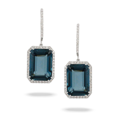 [DO.GEMS.0050773] 18k White Gold London Blue Topaz With Halo Emerald Cut Drop Earrings