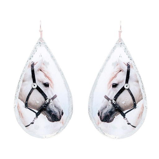 White Horse Teardrop Earrings- Silver