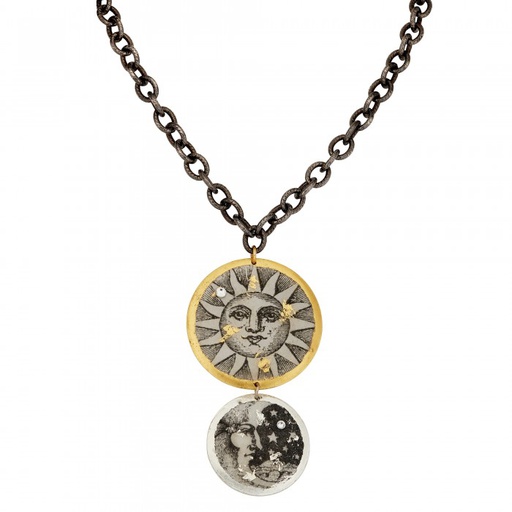 [EV.FASH.0052761] Sun &amp; Moon Double Disc Necklace W/Gunmetal Chain