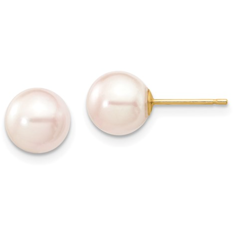 [QU.PEAR.0053104] 14k 7-8mm Round White Saltwater Akoya Cultured Pearl Stud Post Earrings