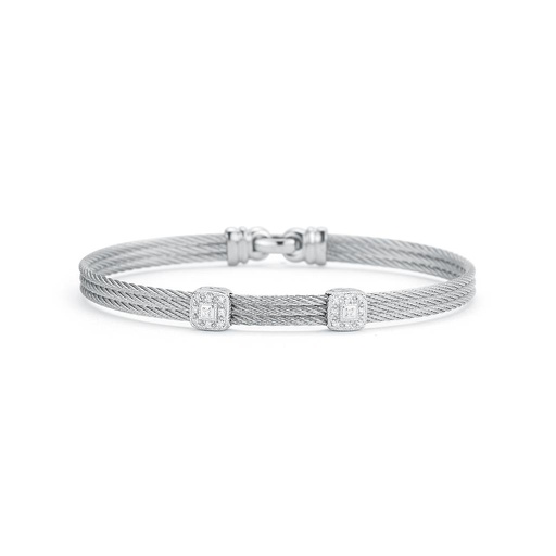 [AL.FASH.0053153] Grey Cable Classic Stackable Bracelet With Double Square Station Set In 18k White Gold