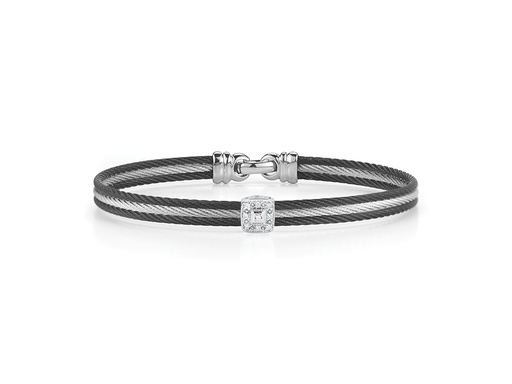 [AL.FASH.0053155] Black & Grey Cable Classic Stackable Bracelet With Single Square Station Set In 18k White Gold