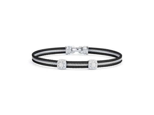 [AL.FASH.0053156] Black & Grey Cable Classic Stackable Bracelet With Double Square Station Set In 18k White Gold