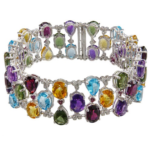 [LA.GEMS.0053185] 14k White Gold Diamond & Multicolor 3 Row Bracelet