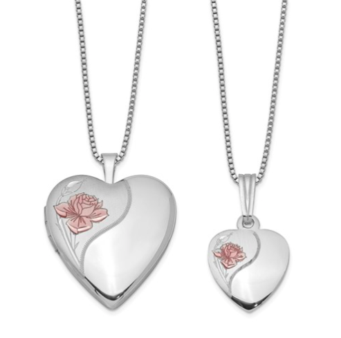 [QU.FASH.0053588] Sterling Silver Rhodium-Plated Polished &amp; Satin Rose Heart Locket &amp; Pendant
