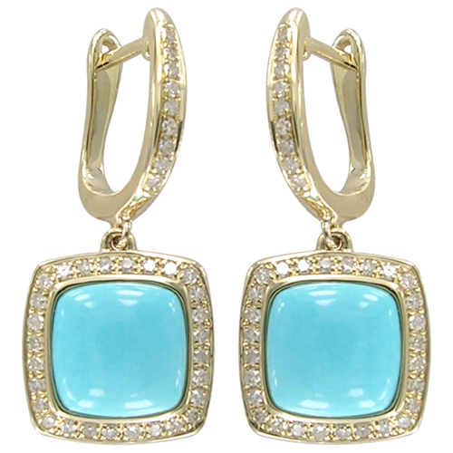 [LA.GEMS.0053776] 14k Yellow Gold Cushion Turquoise With Diamond Halo Dangle Earrings