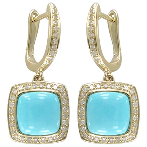 [LA.GEMS.0053776] 14k Yellow Gold Cushion Turquoise With Diamond Halo Dangle Earrings