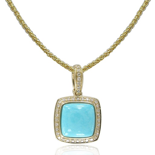 [LA.GEMS.0053777] 14k Yellow Gold Cushion Turquoise With Diamond Halo Pendant & Chain