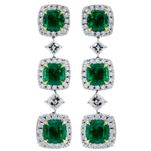 [SA.GJER.0055271] 18k Twotone Emerald &amp; Diamond 3 Station Drop Earrings