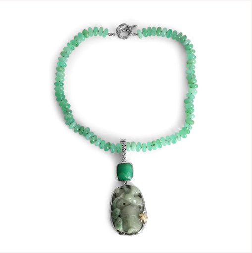 [FNEC.00073626] Hand Carved Jade Faceted Chrysoprase And Chrysoprase Bead Necklace In Sterling Silver With 18K Gold Adam