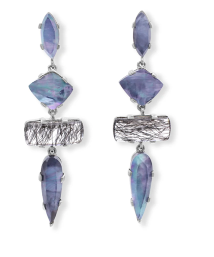 [FEAR.00073630] Natural Quatrz Mother of Perl Black Agate and Black Hair Tourmalated Quartz Drop Earrings