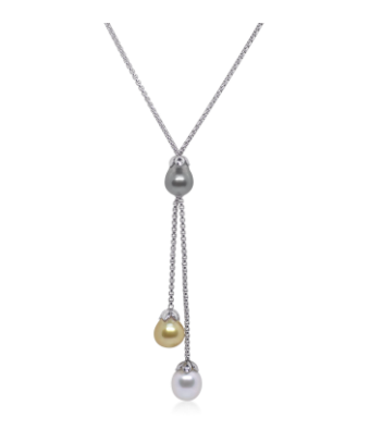 [PNCK.00075247] Grey Chain &amp; Tri-Colored South Sea Pearl Lariat Necklace