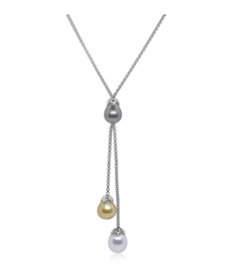 [PNCK.00075247] Grey Chain & Tri-Colored South Sea Pearl Lariat Necklace