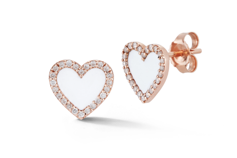 [DERR.00075264] WHITE ENAMEL HEART STUD EARRING WITH DIAMOND BORDER
