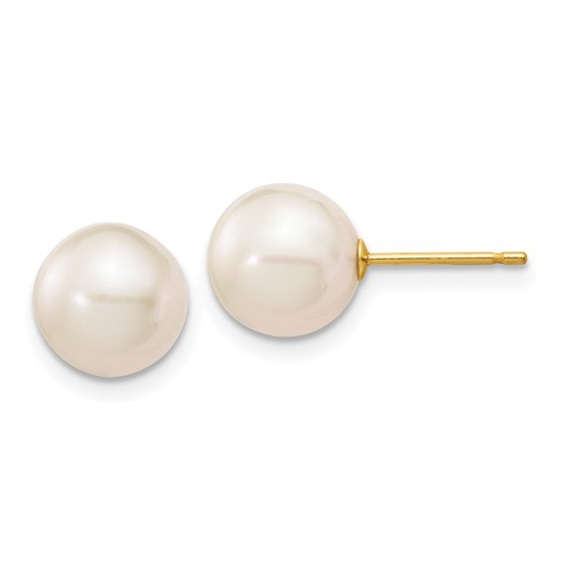 8-9mm White Round Freshwater Cultured Pearl Stud Post Earrings