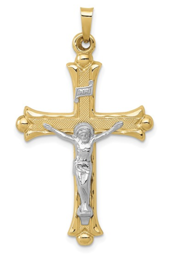 [GPND.00079176] 14k Two-Tone Textured and Polished INRI Crucifix Pendant