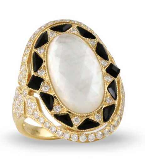 [GJRG.00080052] Mother of Pearl Faceted Ring with Onyx Bezel